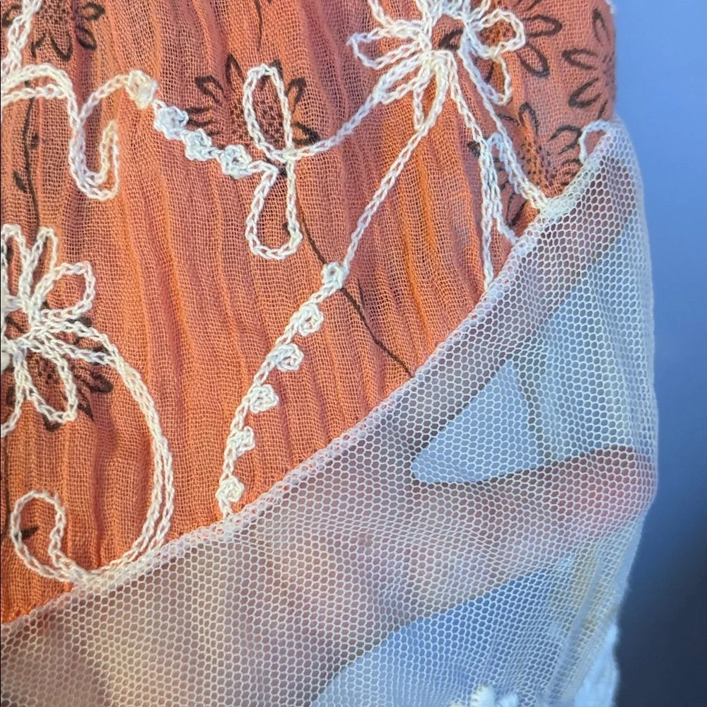 Tickled Pink Orange cream Mesh Crochet Embroidered Floral Scarf Fringe Cotton